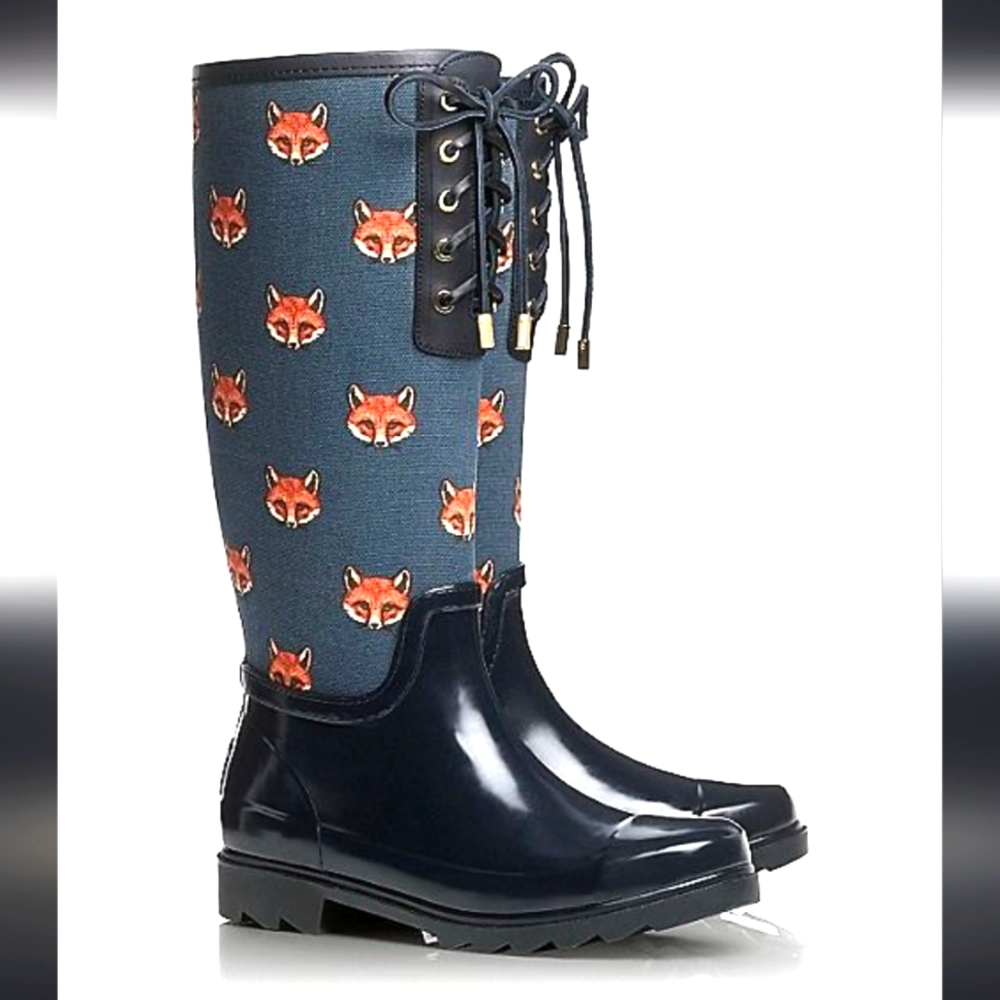 Tory Burch Navy Fox Print Lace-Up Rain Boots